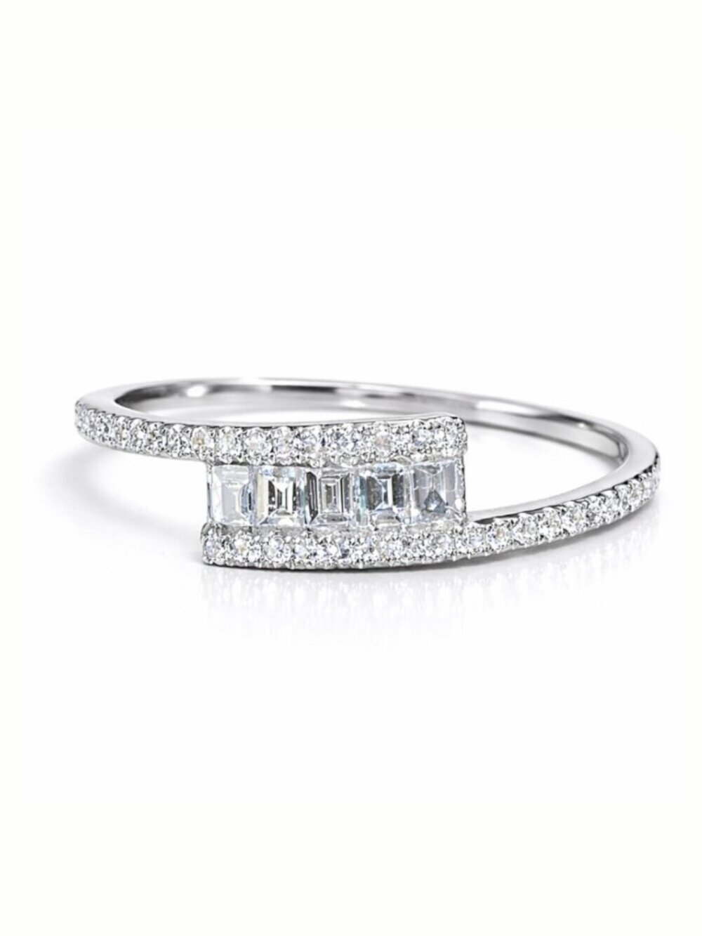 💎 EF Collection 14K White Gold Baguette & Pavé Diamond Bypass Ring - Picture 5 of 6